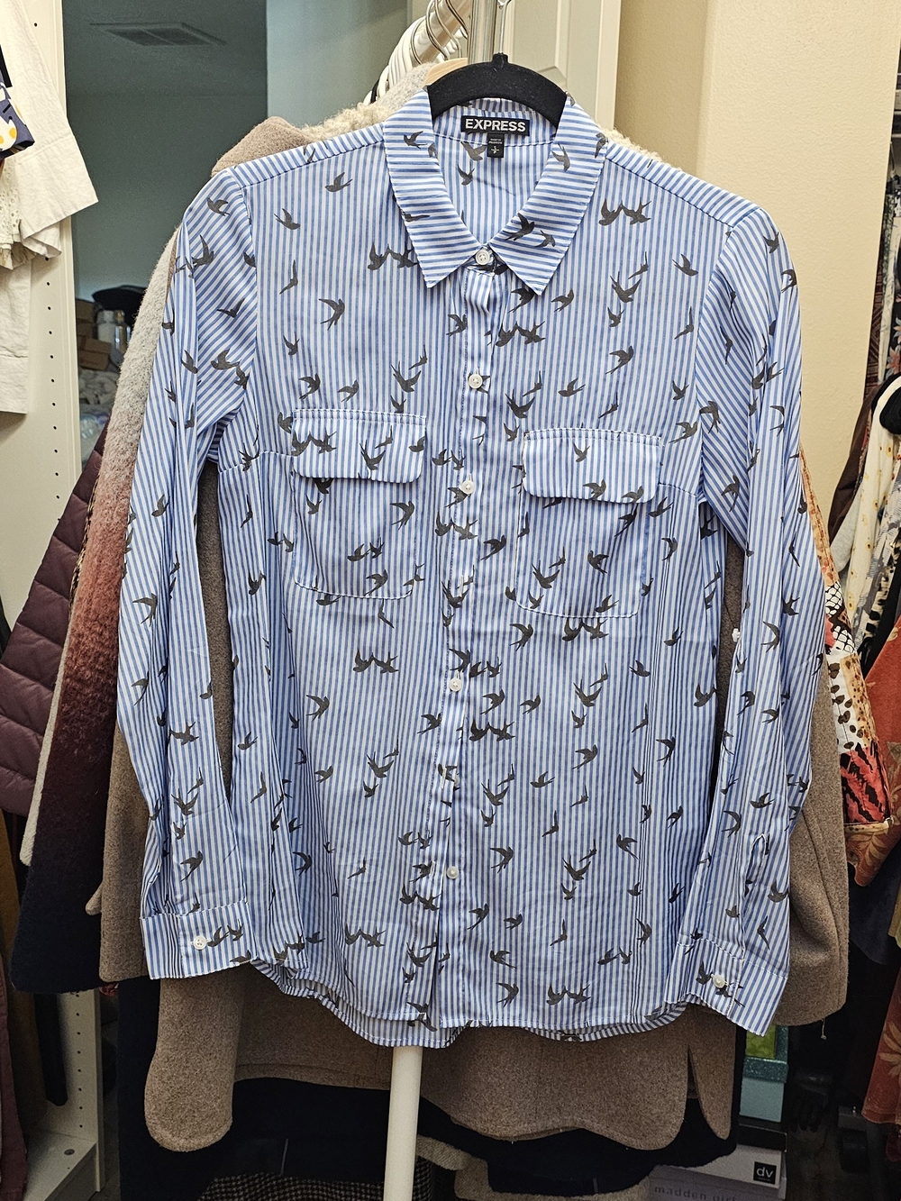 Express Blue & White Striped Button-Down Shirt with Bird Print. Size S.